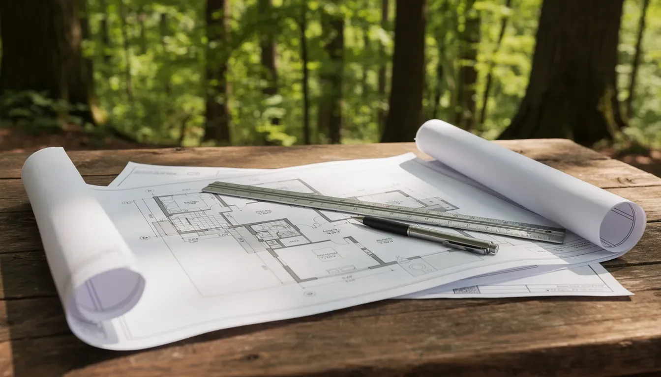 The image depicts architectural house plans laid out on a rustic wooden table, surrounded by lush forest trees, emphasizing the beginning of the building process for a dream home. This setting highlights the importance of choosing the perfect land and understanding the construction process for future development.